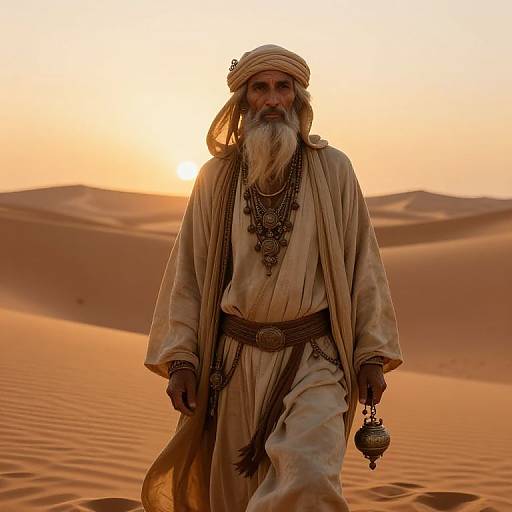 Photograph of an older Middle Eastern man with a long white beard, wearing traditional desert attire, standing in a sunlit, orange-hued desert with