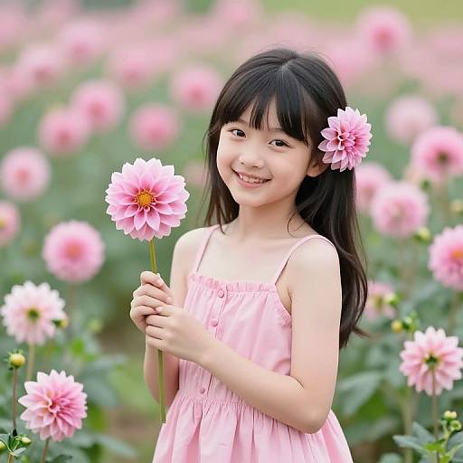 Girl in Pink Sundress with Flowers