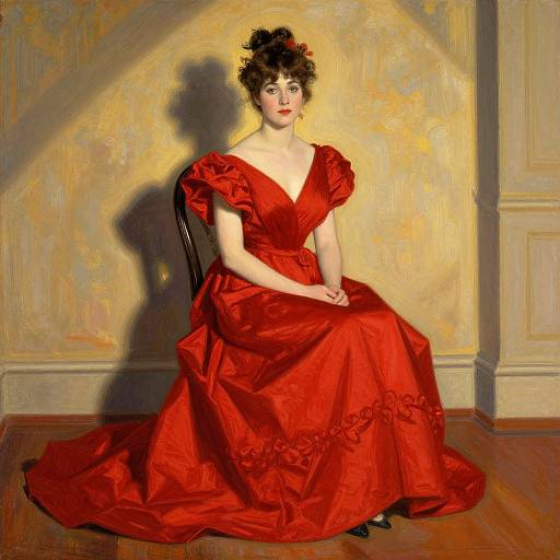 Oil painting of a pale-skinned woman with black hair in an updo, wearing a red, Victorian-style gown, seated on a chair against a