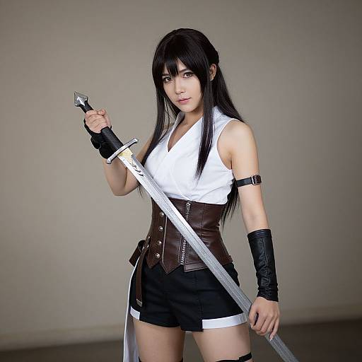 Photograph of a woman with long black hair, wearing a white sleeveless top, black shorts, brown corset, and leather arm guards, holding