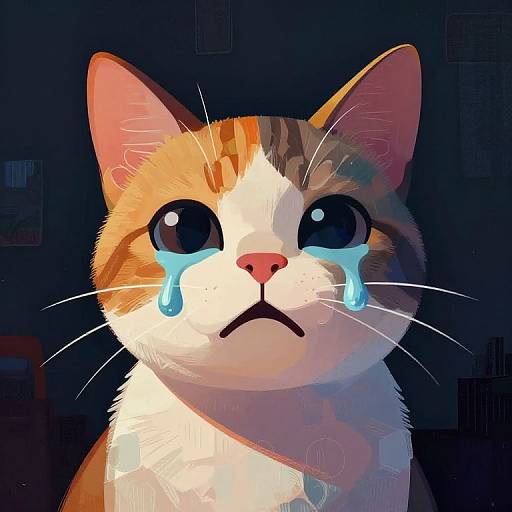 Digital art of a crying orange and white cat with large, teary blue eyes, and a sad expression against a dark background.