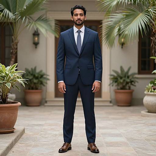 Photograph of a bearded man in a dark blue suit, white shirt, and brown shoes, standing in a tropical courtyard with potted plants and