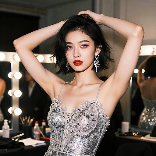 Photograph of an Asian woman with short black hair, red lipstick, and silver sequined dress, posing with arms raised in a brightly lit dressing room