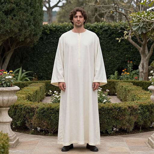 Photograph of a bearded man with curly brown hair, wearing a long white robe, standing in a lush garden with trimmed hedges and flower beds
