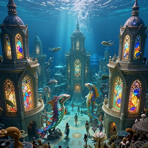 Photograph of a vibrant, underwater fantasy scene with glowing stained glass domes, colorful mermaid tails, and people dancing beneath sunlight beams.