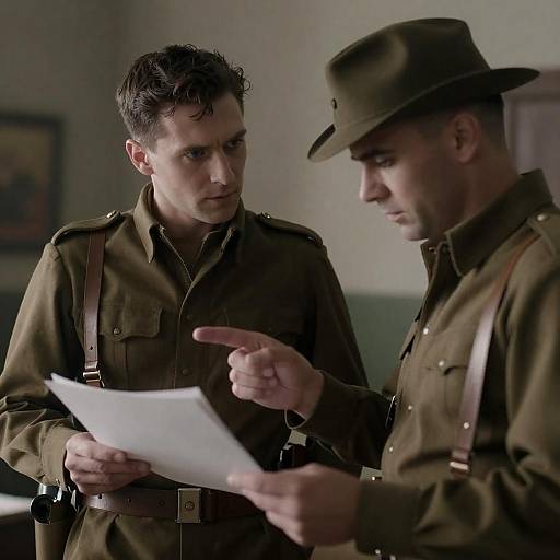 Two Men in World War II Military Uniforms Discussing Documents