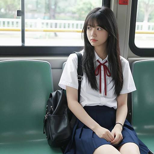 Asian Woman in a Green Bus Setting