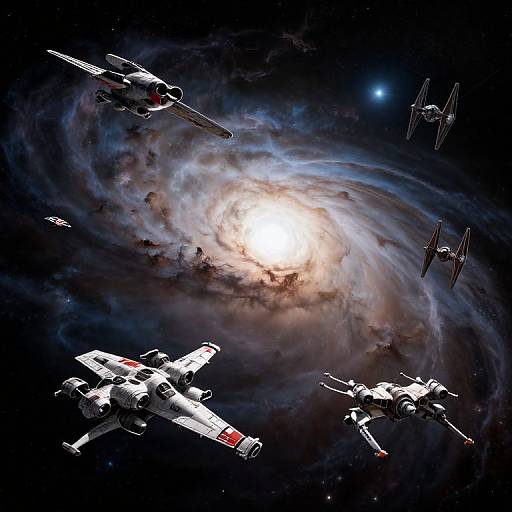 Photorealistic CGI of four Star Wars TIE fighters flying around a vibrant, swirling galaxy with a bright, glowing core in space.