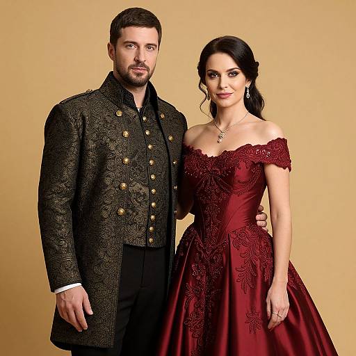 Photograph of a handsome bearded man in an ornate black jacket, standing beside a beautiful woman in a deep red, off-shoulder,