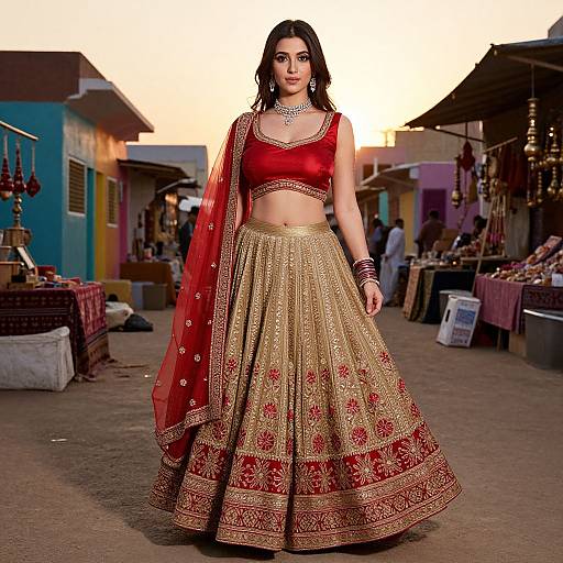 Photograph of a dark-haired woman in a red crop top and gold-embroidered red and gold lehenga, standing in a vibrant outdoor market