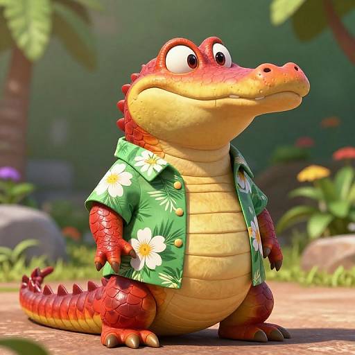 CGI cartoon alligator in a green floral shirt, standing confidently on a tropical path with blurred greenery and colorful flowers.
