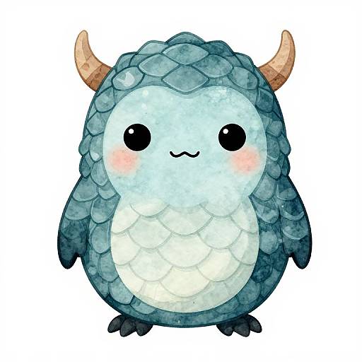 Cute, chibi-style digital drawing of a round, blue-scaled dragon with small horns, white belly, black eyes, and blushing cheeks