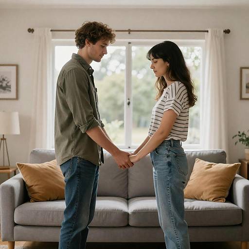 Couple Holding Hands in Sunlit Living Room