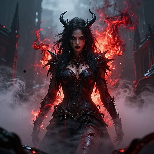 Digital artwork of a fierce, dark-haired demon woman with black horns, red fiery aura, and black armor, standing in a smoky, gothic