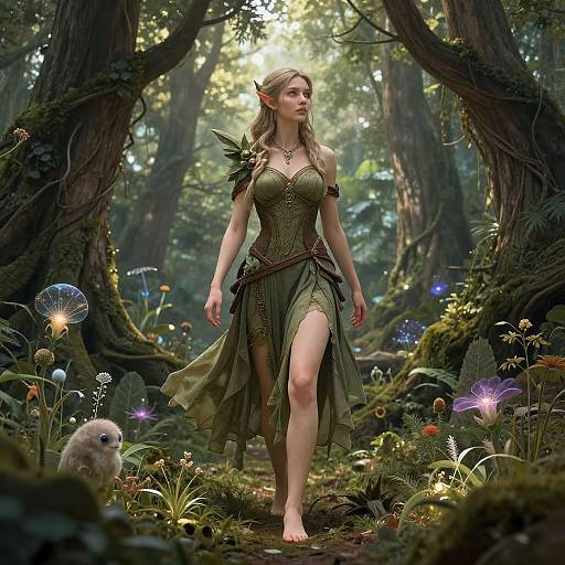 Digital art: Elven woman with pointed ears, green dress, and leafy accessories walks through a mystical forest with glowing mushrooms and a small furry creature