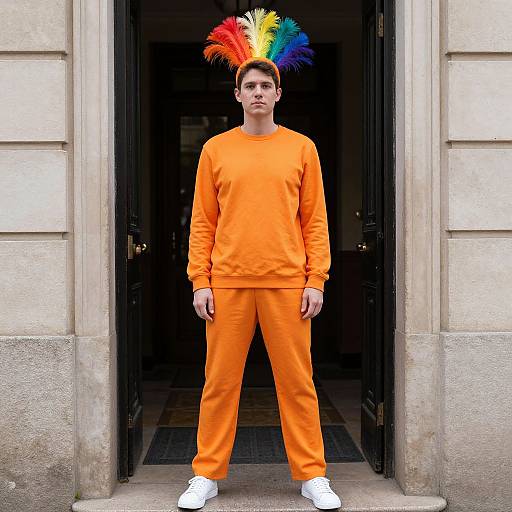 Photograph of a young man in an orange jumpsuit and white sneakers, wearing a multicolored feathered hat, standing in a doorway. Urban