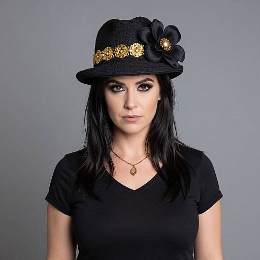 Photograph of a fair-skinned woman with dark hair, wearing a black hat adorned with gold floral embellishments, black top, and gold necklace,