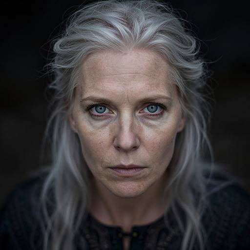 Photograph of a middle-aged woman with long, silver-gray hair, piercing blue eyes, and a serious expression, set against a dark background.