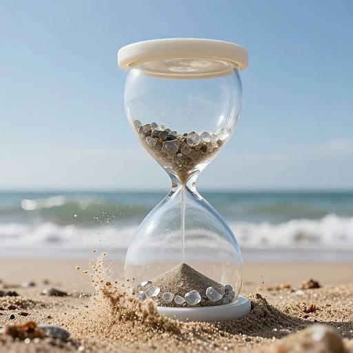 Photograph of a clear glass hourglass with sand and pebbles, placed on a sunny beach with ocean waves in the background.