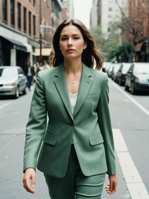 Woman in Sage Green Suit Walking on City Street