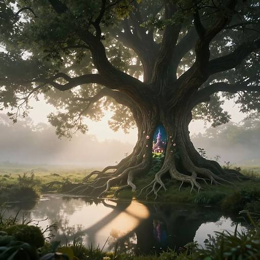 Fantastical photograph of a large, ancient tree with a hollow trunk housing colorful, glowing fairy lights, reflected in a calm river, surrounded by mist