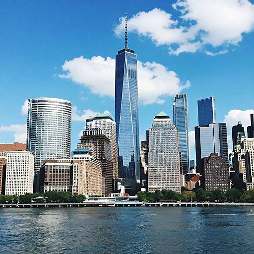 Photograph of New York City skyline with One World Trade Center, blue sky, white clouds, and Hudson River in foreground.