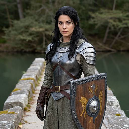 Digital artwork of a stern, dark-haired woman in medieval armor with a wooden shield, standing on a stone bridge over a forested lake.