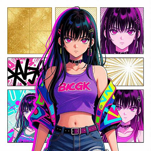 Digital anime-style artwork of a stern-faced black-haired girl in a purple 