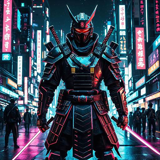 Futuristic Samurai in Neon Cyberpunk City