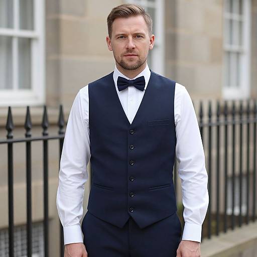 Photograph of a handsome, bearded man with short brown hair, wearing a black vest, white shirt, and black bow tie, standing in front