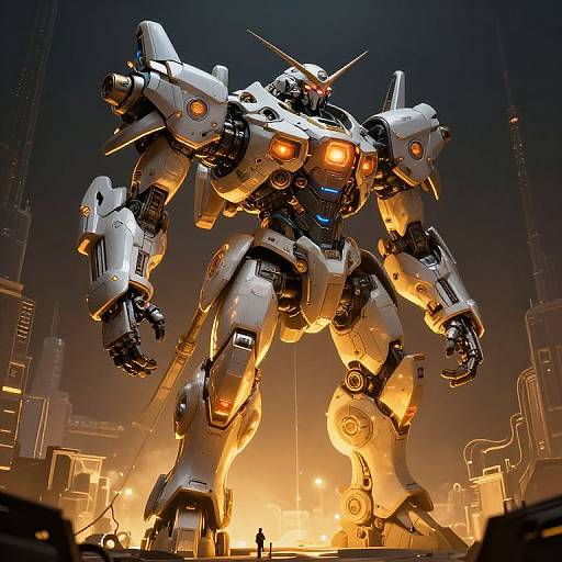 Photorealistic CGI of a towering, white, glowing mecha robot with orange lights, standing in a futuristic, illuminated cityscape at night.