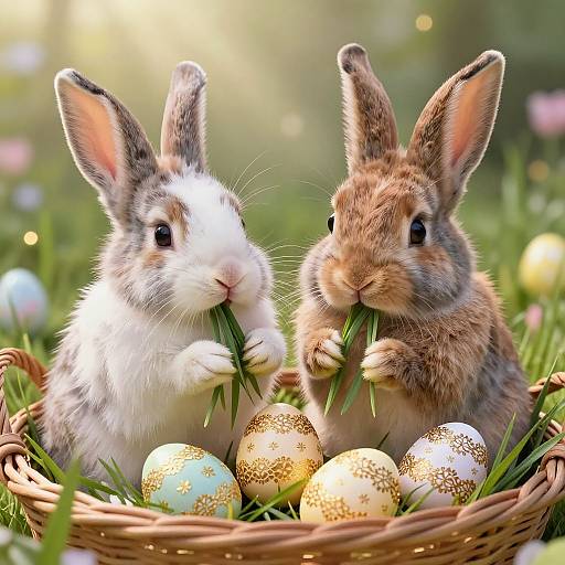 Photograph of two adorable rabbits, one white and one brown, holding grass while sitting in a basket filled with gold and green Easter eggs, against a