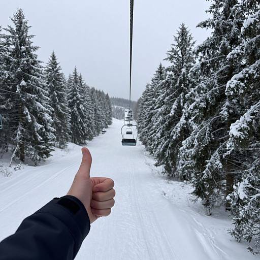 Photograph of a snowy forest road with a hand giving a thumbs-up in the foreground, a white car driving ahead.