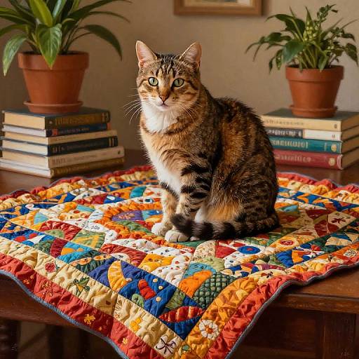 Photograph of a tabby cat with green eyes sitting on a colorful, patchwork quilt, surrounded by stacked books and potted plants.