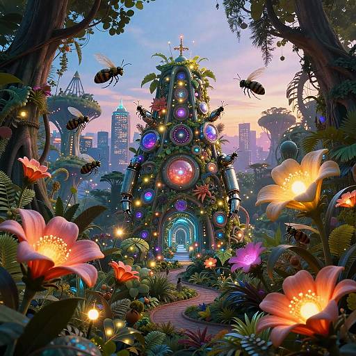 Biomechanical Jungle with Neon Flowers