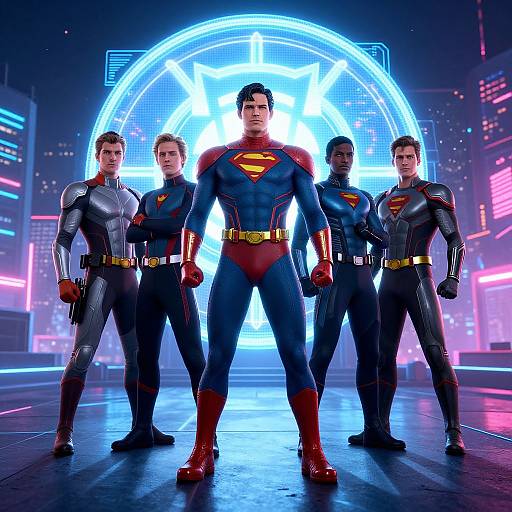 Photorealistic CGI of five male superheroes in blue and red suits with yellow belts, standing in front of a neon-lit cityscape background. Central