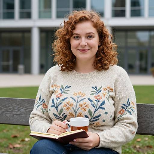 Photograph of a smiling, fair-skinned, curly red-haired woman in a floral knit sweater, holding a coffee cup and book, seated on a