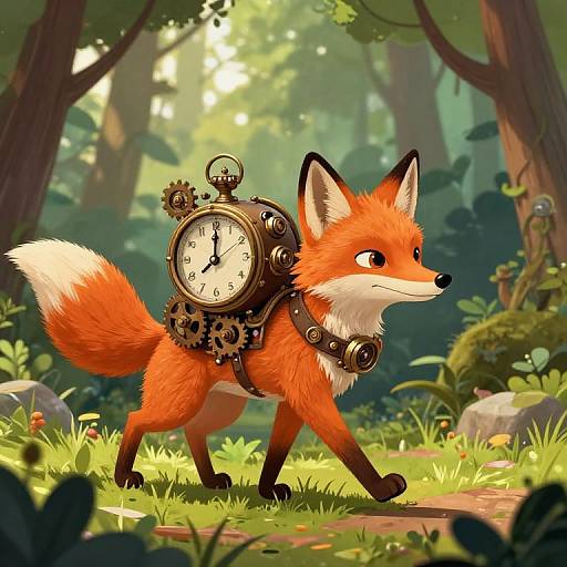 Digital illustration of a vibrant orange fox with white-tipped tail, wearing a steampunk clock and gear harness, walking through a sunlit forest.