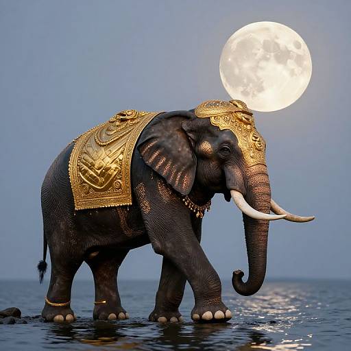 Photograph of a majestic, black elephant with golden, ornate saddle, standing in water beneath a bright full moon in a clear blue sky.