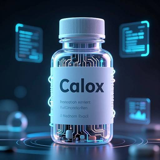 Photorealistic CGI of a glowing blue-lit Calox medication bottle on a futuristic dark blue surface, with holographic screens in background.