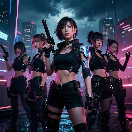 Cyberpunk cityscape photograph of four fierce Asian women in black tactical gear, holding guns, under neon lights and rain.
