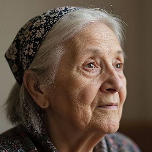 Photograph of an elderly woman with white hair, wearing a floral headscarf, soft smile, and subtle earrings, illuminated by natural light.