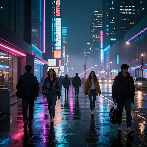 Photograph of a neon-lit, rainy city street at night, with five pedestrians walking under colorful, illuminated signs and reflections on wet pavement.