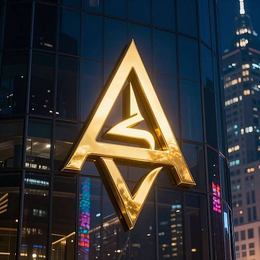 Photograph of a glowing, golden, triangular logo on a dark glass building facade at night, with city skyscrapers and colorful neon lights in the