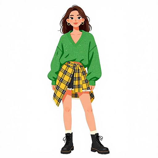 Digital illustration of a young woman with brown hair, wearing a green V-neck sweater, yellow plaid skirt, black boots, and hoop earrings, standing