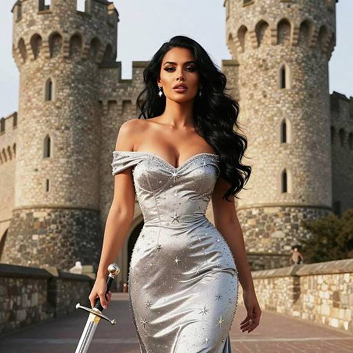 Photorealistic digital art: Dark-haired woman in off-shoulder, silver, star-embellished gown holding sword, walking past medieval castle