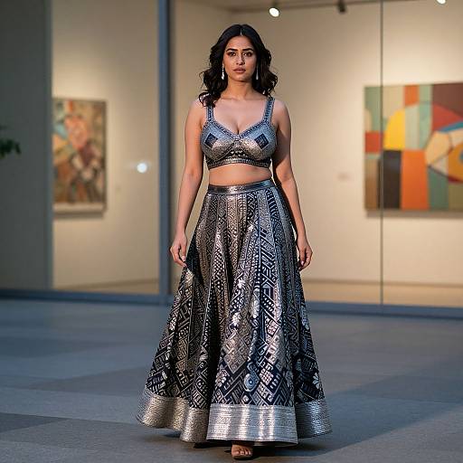 Photograph of a dark-haired woman in a silver-patterned crop top and long, flowing skirt, walking on a gray floor in an art gallery with