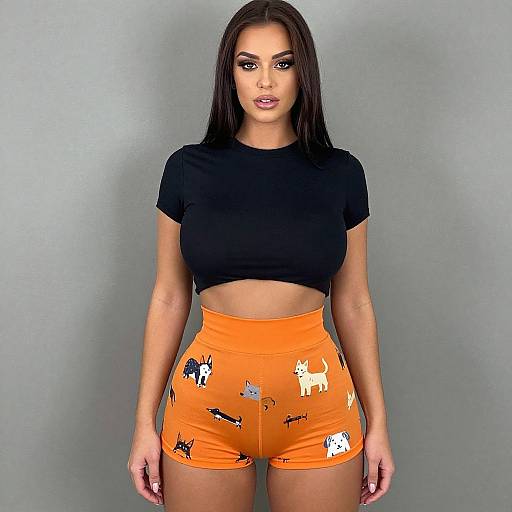 Photograph of a young woman with long dark hair, wearing a black crop top and bright orange high-waisted shorts with animal prints, standing against