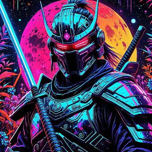 Neon Cyber Samurai in Psychedelic Space Garden