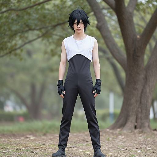 Young anime-style male with spiky black hair, wearing black and white sleeveless outfit, black gloves, standing confidently in a wooded park.